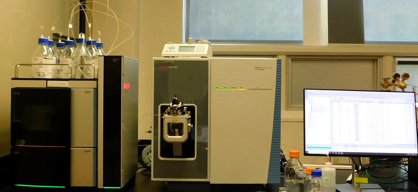 The Vanquish Flex autosampler, pump and column compartment feeding the TSQ Quantis Plus mass spectrometer.